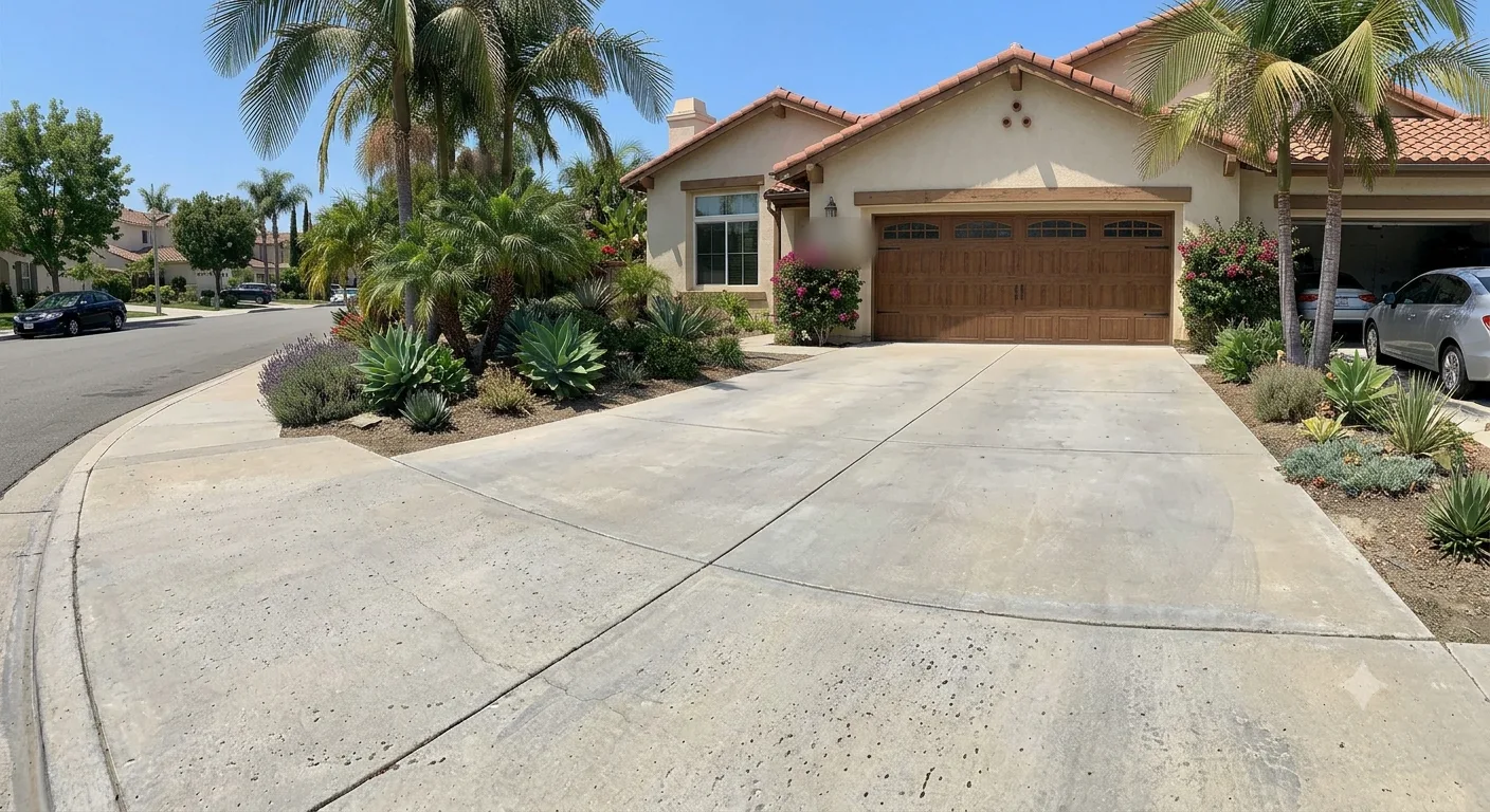Residential driveway after cleaning, restored to a clean, uniform concrete finish