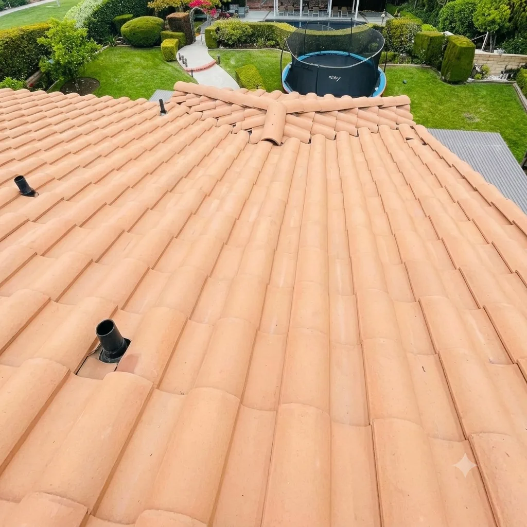 Concrete tile roof after cleaning, restored to its natural terracotta color